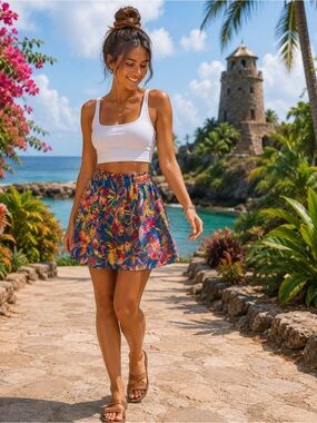 J.Crew Floral Tropical Skirt Women’s Size 00 Blue Multicolor Elastic Waist